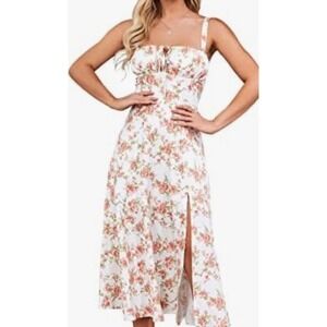 GLNEGE Women's Midi Corset Dress Solid‎ Flowy Slit Lace Up Flowers Size S